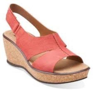 Clarks Rosemund Dune Red Suede Leather Cork Wedge Platform Sandals Size 9 EUC